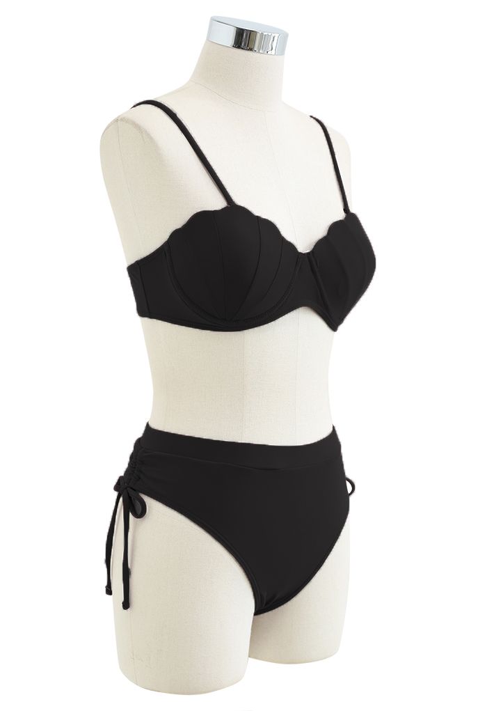Seashell Shaped Drawstring Bikini Set in Black