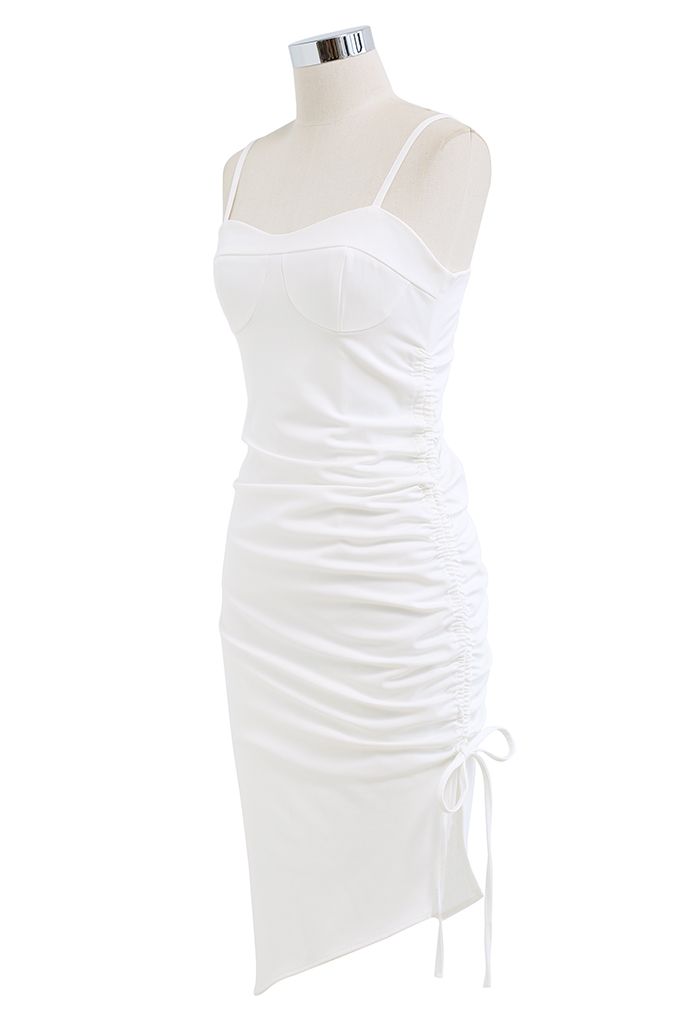 Ruched Drawstring Slit Hem Cami Dress in White