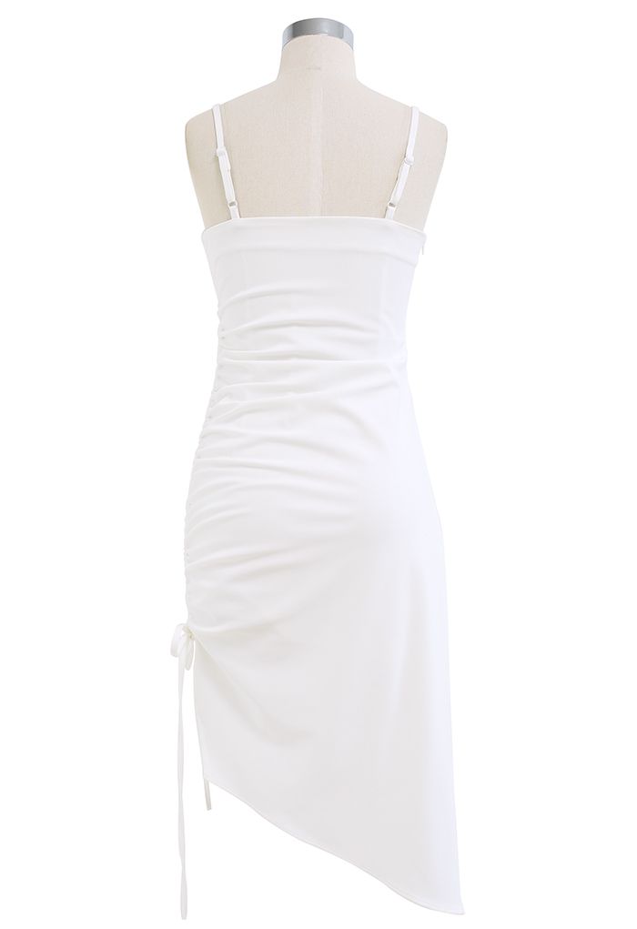 Ruched Drawstring Slit Hem Cami Dress in White