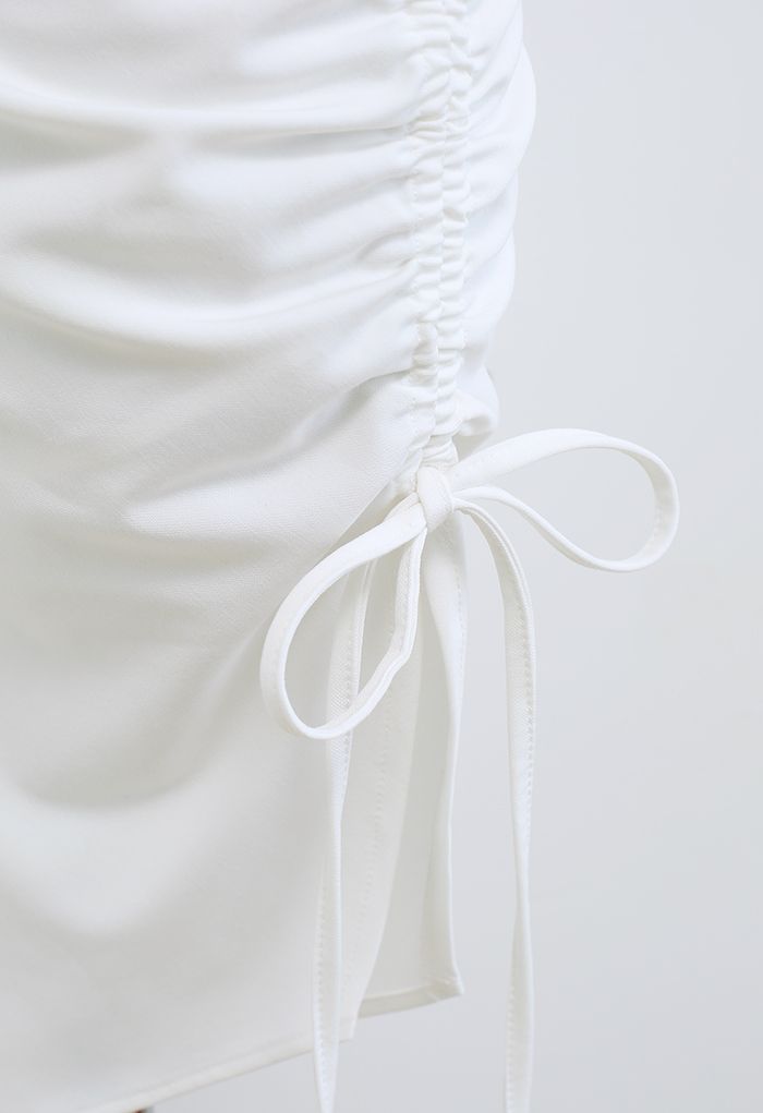 Ruched Drawstring Slit Hem Cami Dress in White