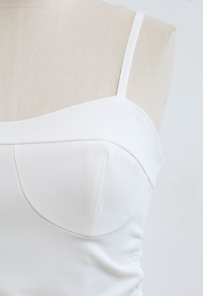 Ruched Drawstring Slit Hem Cami Dress in White