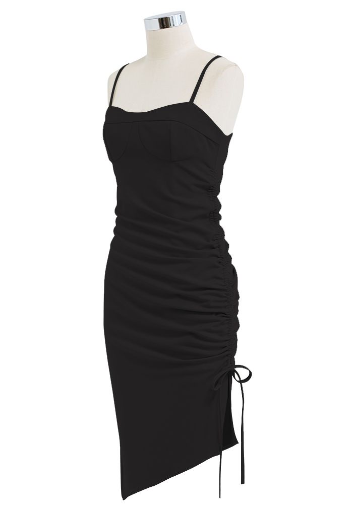 Ruched Drawstring Slit Hem Cami Dress in Black