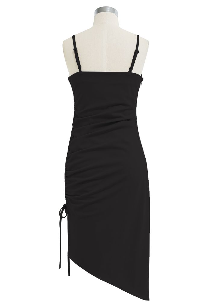 Ruched Drawstring Slit Hem Cami Dress in Black