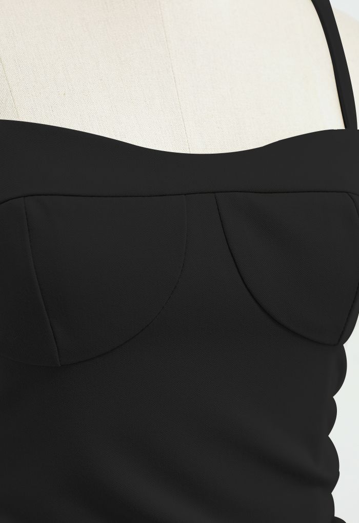 Ruched Drawstring Slit Hem Cami Dress in Black