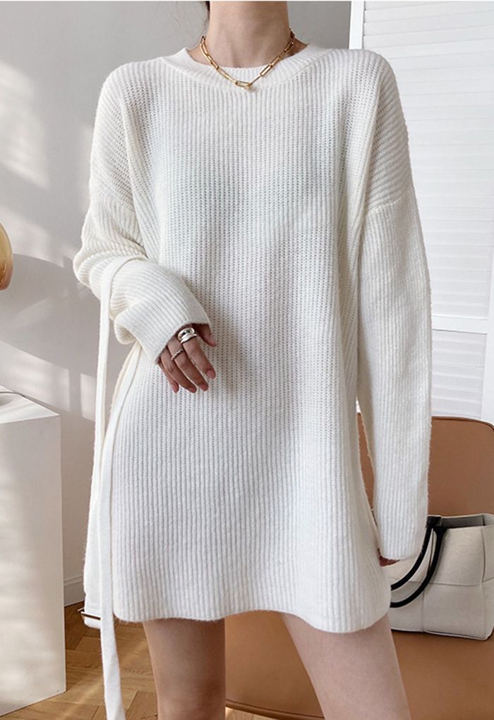 Belted Ribbed Longline Sweater in White