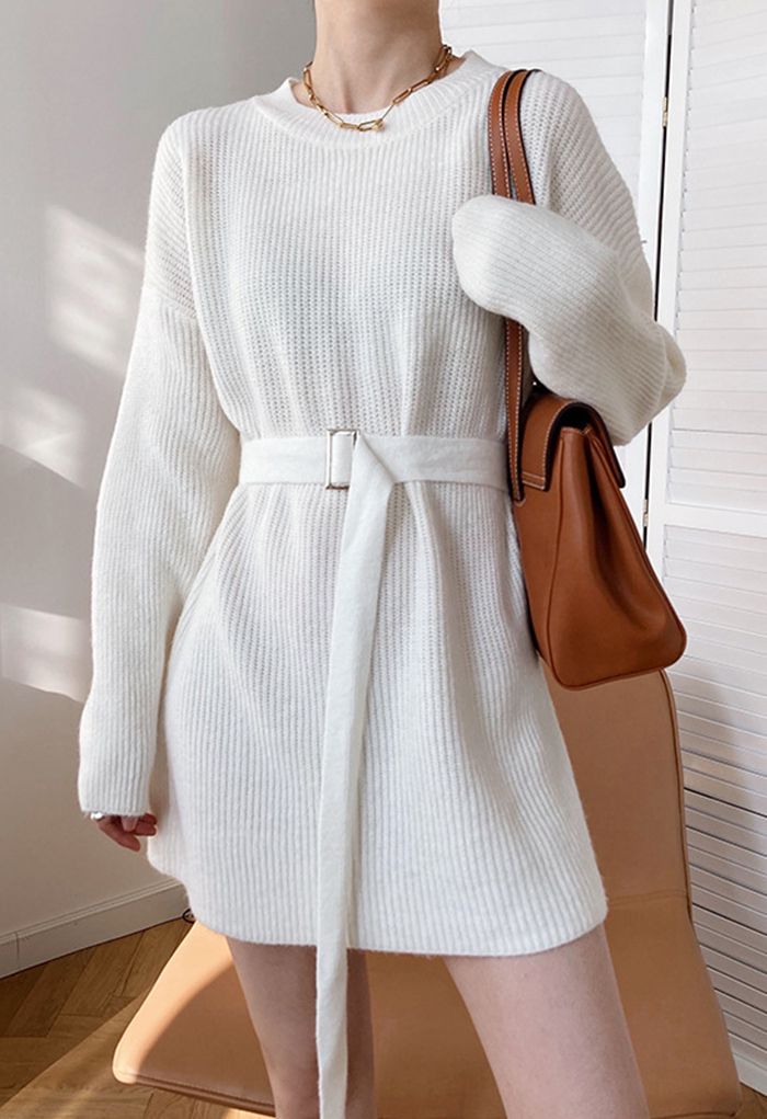 Belted Ribbed Longline Sweater in White