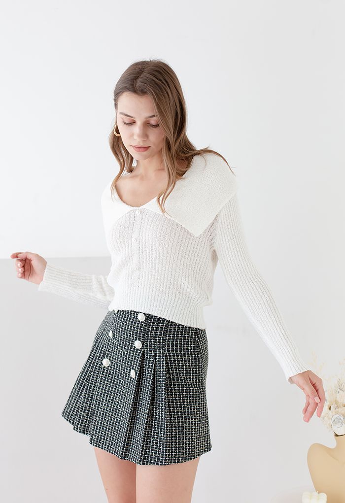Giant Flap Collar Knit Crop Top in White