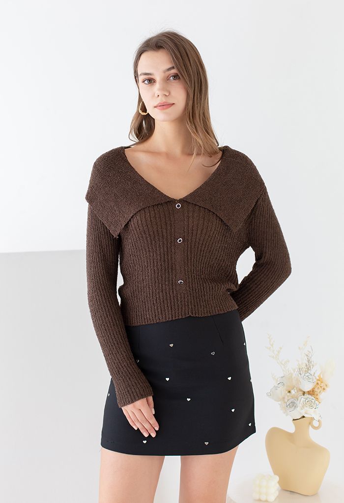 Giant Flap Collar Knit Crop Top in Brown