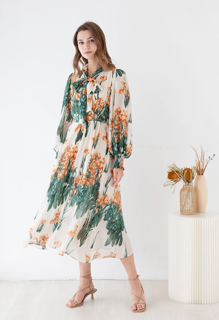Lush Blossom Bowknot Chiffon Dress in Cream