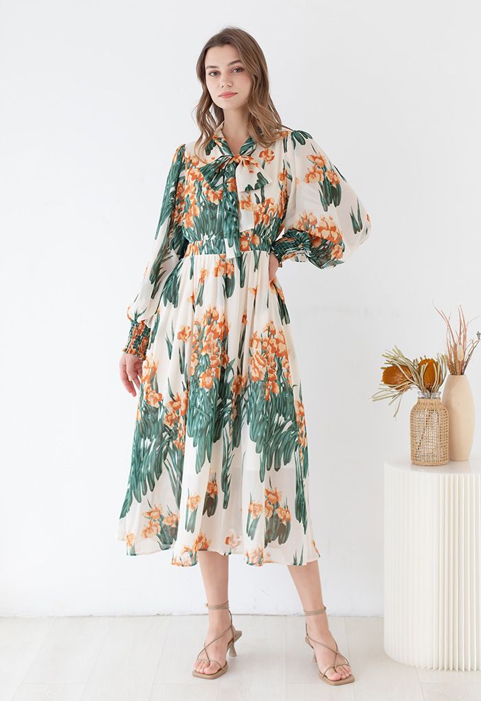 Lush Blossom Bowknot Chiffon Dress in Cream