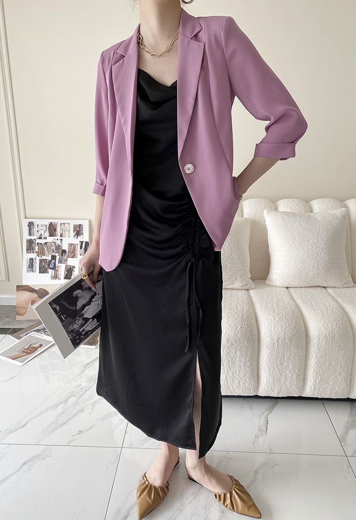 One Button Three-Quarter Sleeve Blazer in Violet