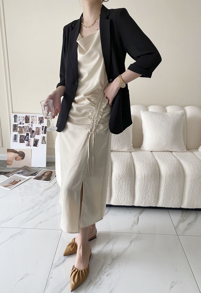 One Button Three-Quarter Sleeve Blazer in Black