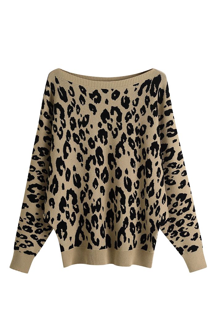 Leopard Jacquard Batwing Sleeve Sweater in Camel