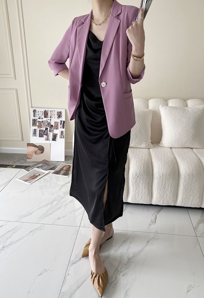 One Button Three-Quarter Sleeve Blazer in Violet