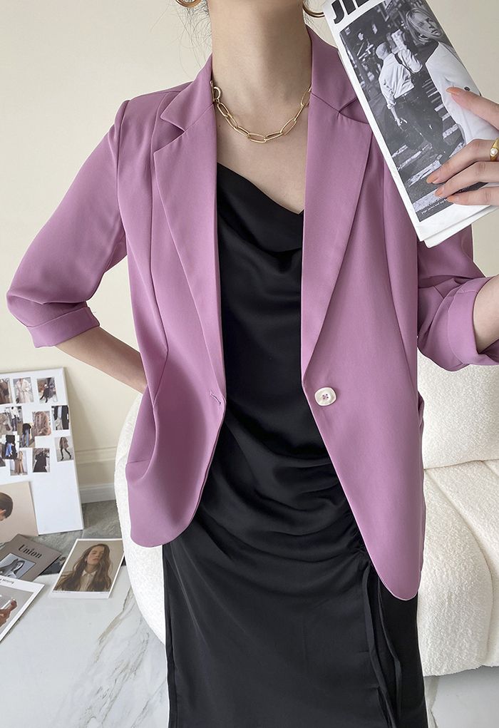 One Button Three-Quarter Sleeve Blazer in Violet