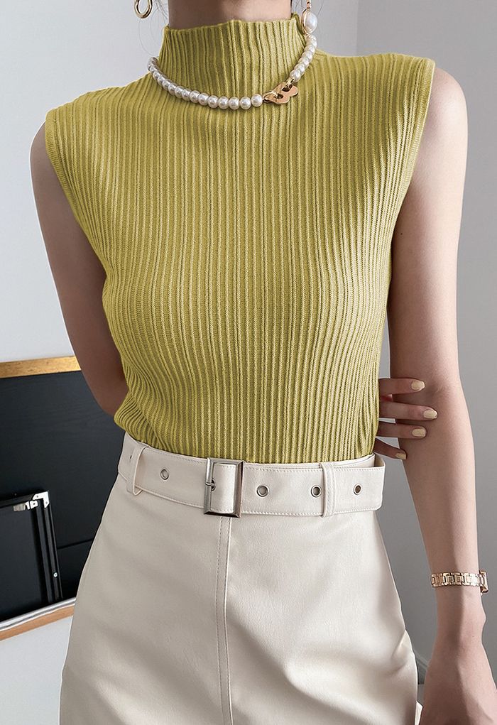 Mock Neck Sleeveless Textured Knit Top in Mustard