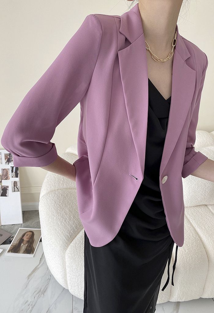 One Button Three-Quarter Sleeve Blazer in Violet