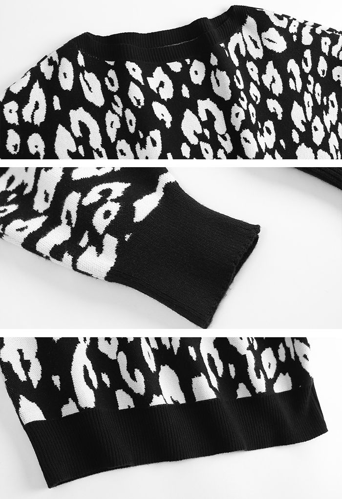 Leopard Jacquard Batwing Sleeve Sweater in Black