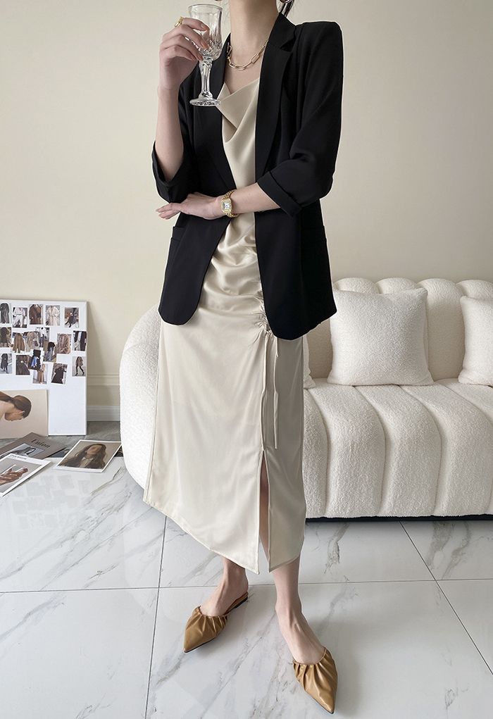 One Button Three-Quarter Sleeve Blazer in Black