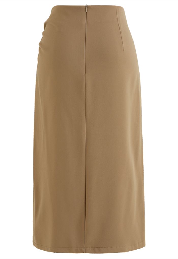 Side Ruched Slit Hem Pencil Skirt in Khaki