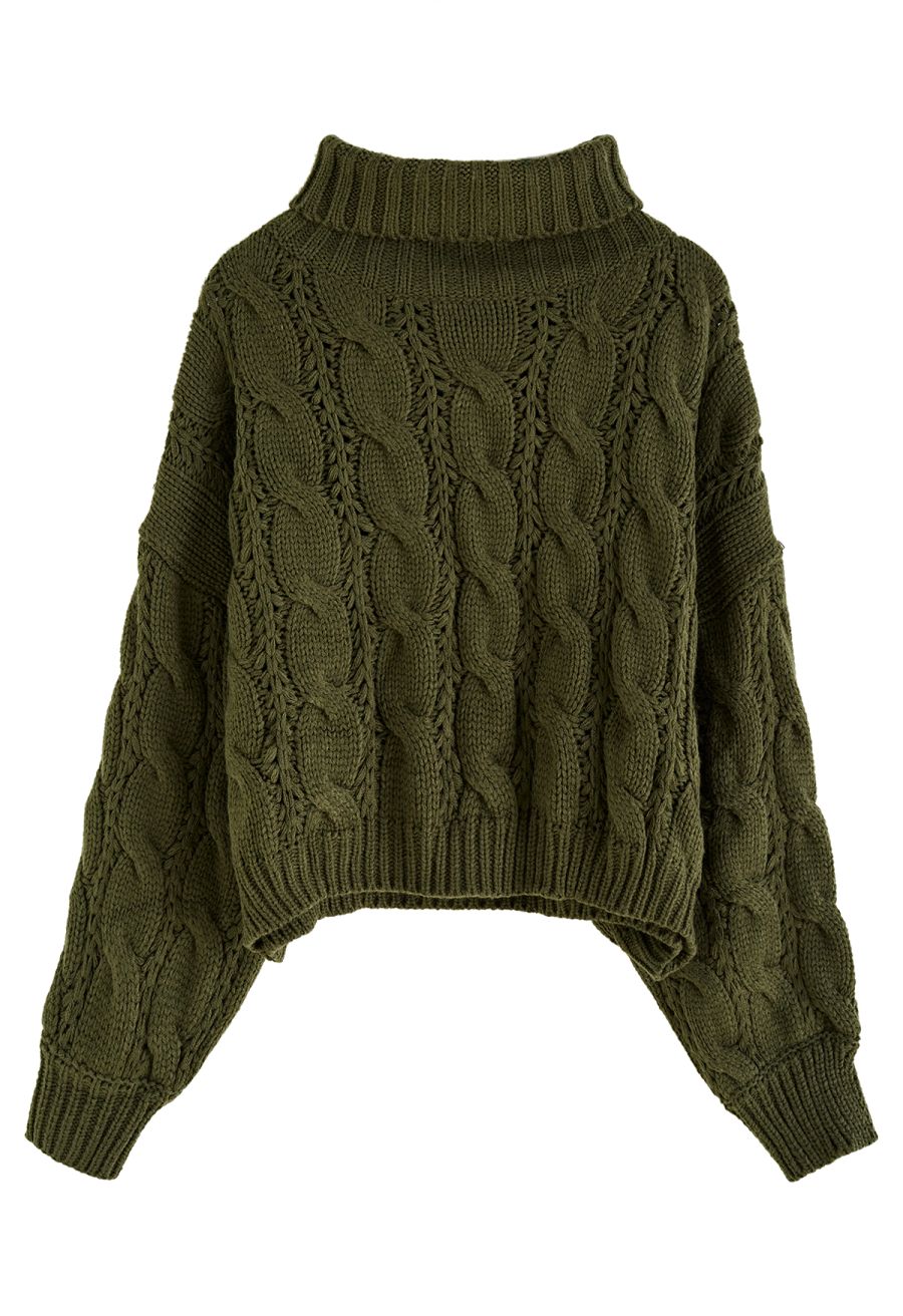Turtleneck Braid Knit Crop Sweater in Army Green