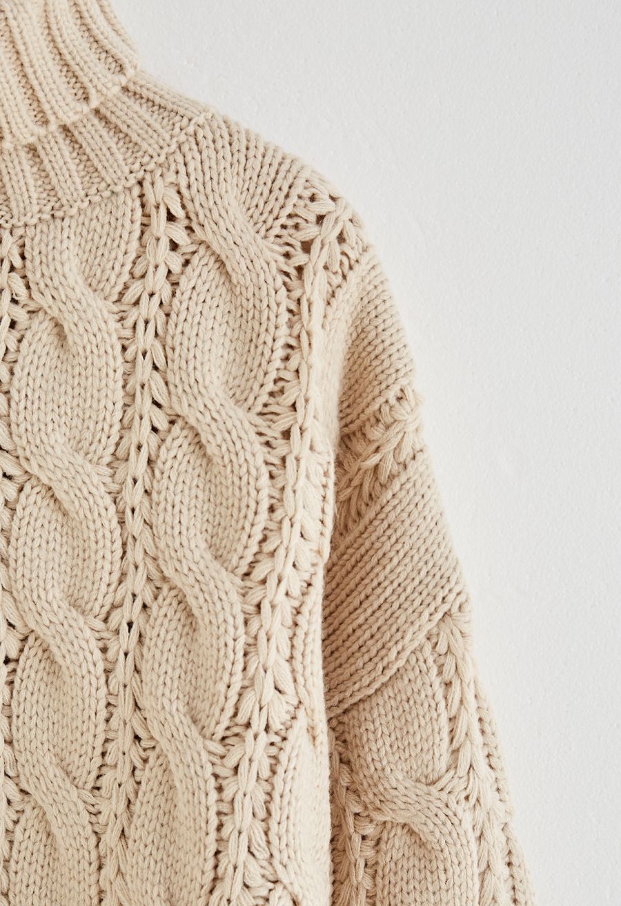 Turtleneck Braid Knit Crop Sweater in Camel