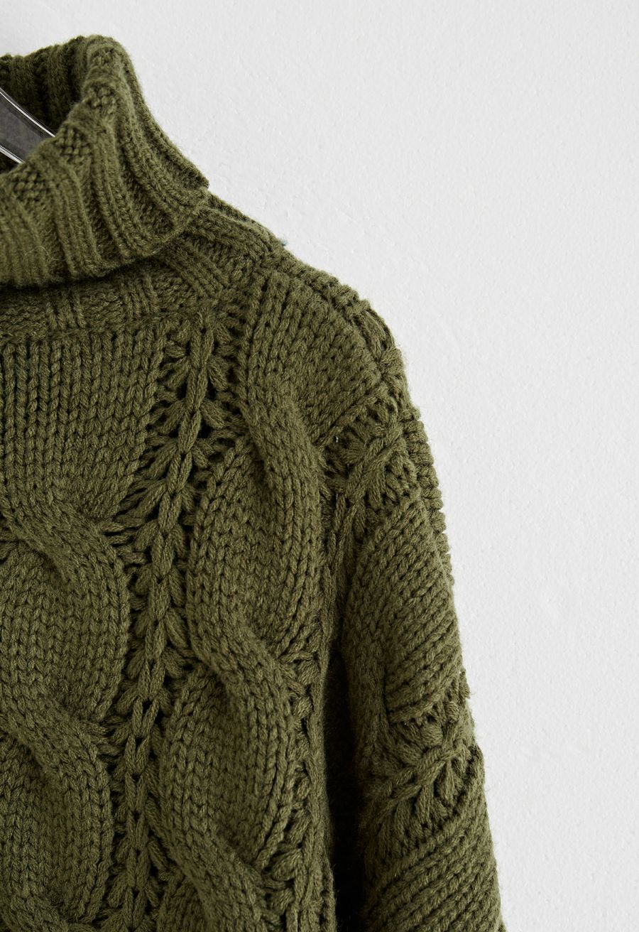 Turtleneck Braid Knit Crop Sweater in Army Green
