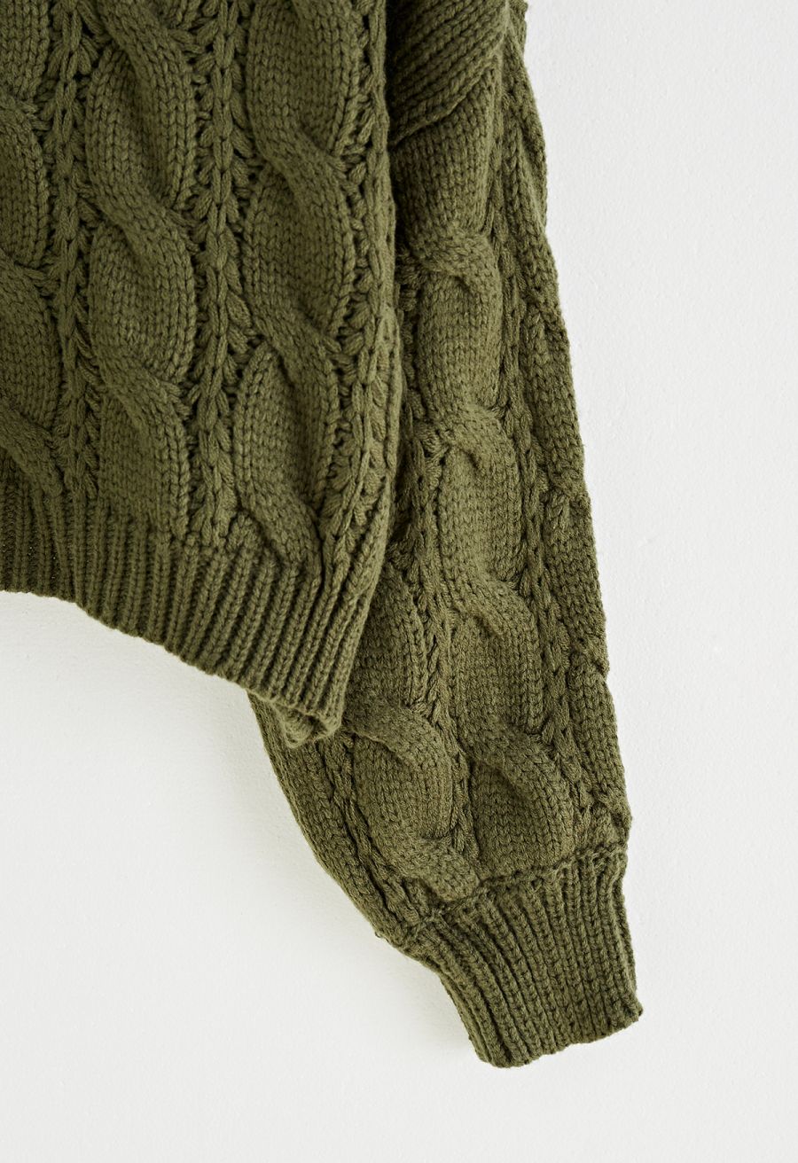 Turtleneck Braid Knit Crop Sweater in Army Green