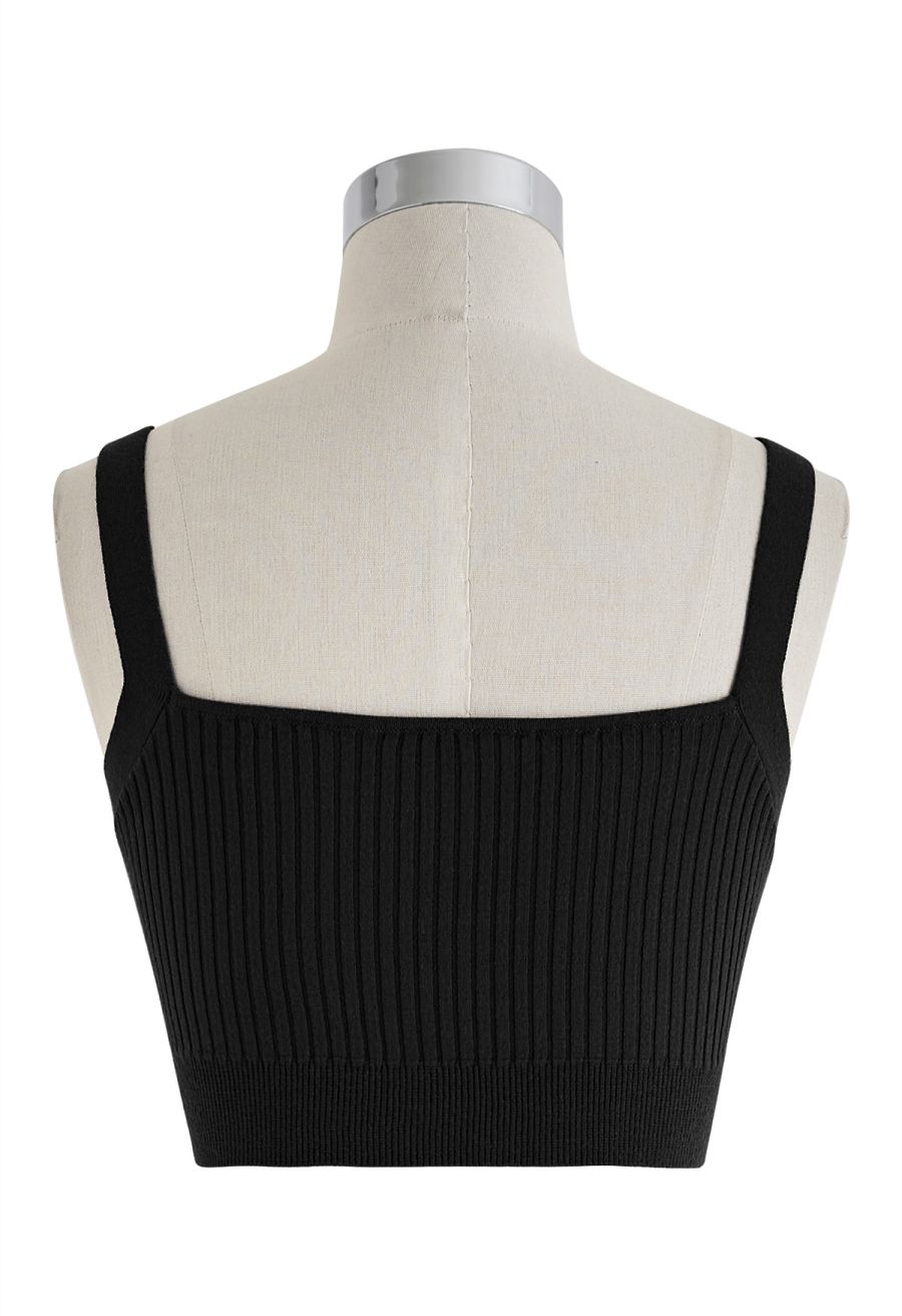 Ultra-Soft Ribbed Cami Knit Cropped Top in Black