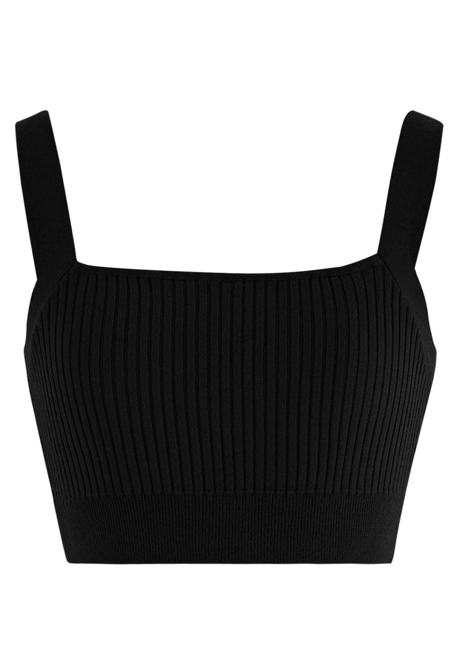 Ultra-Soft Ribbed Cami Knit Cropped Top in Black