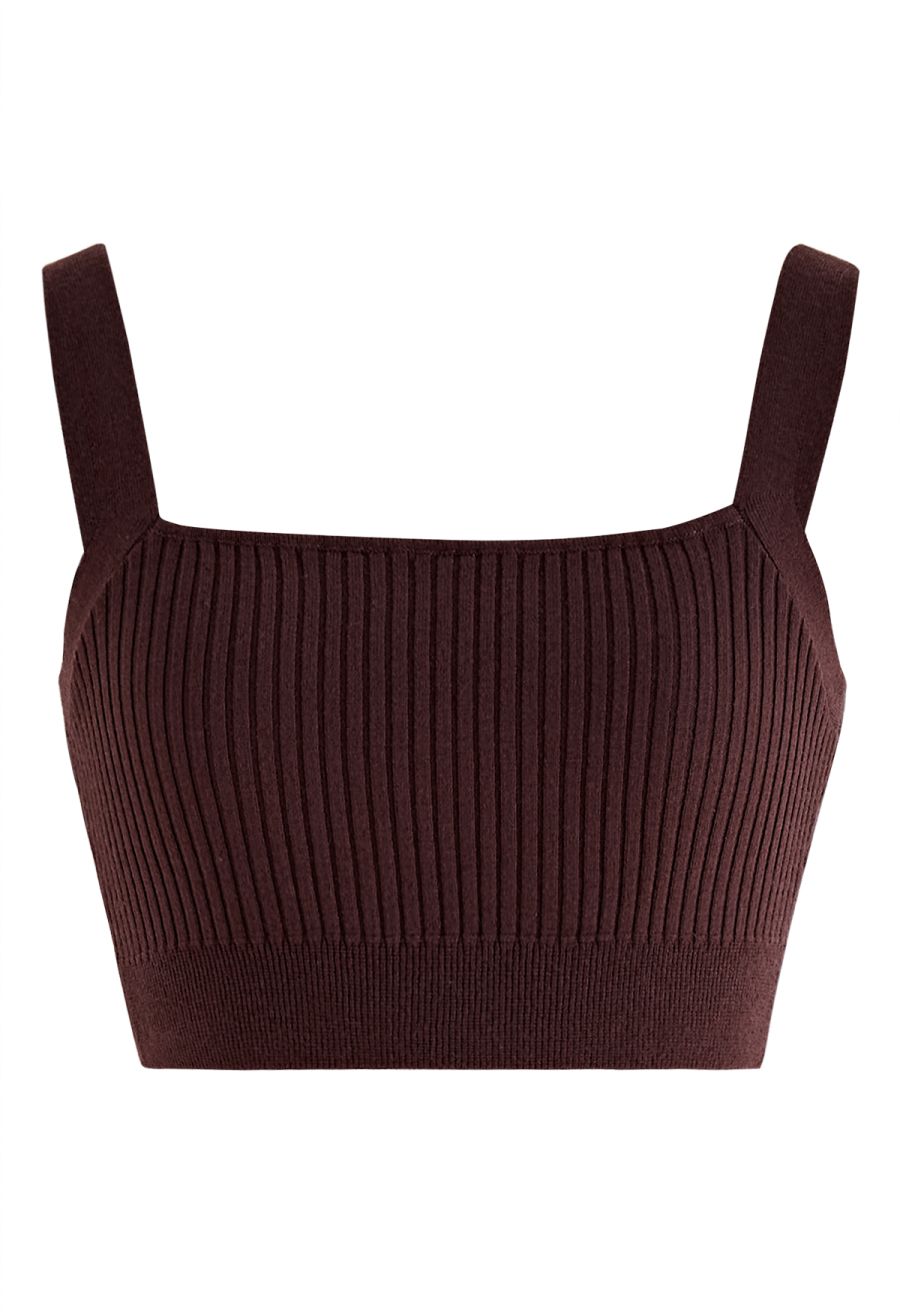 Ultra-Soft Ribbed Cami Knit Cropped Top in Brown