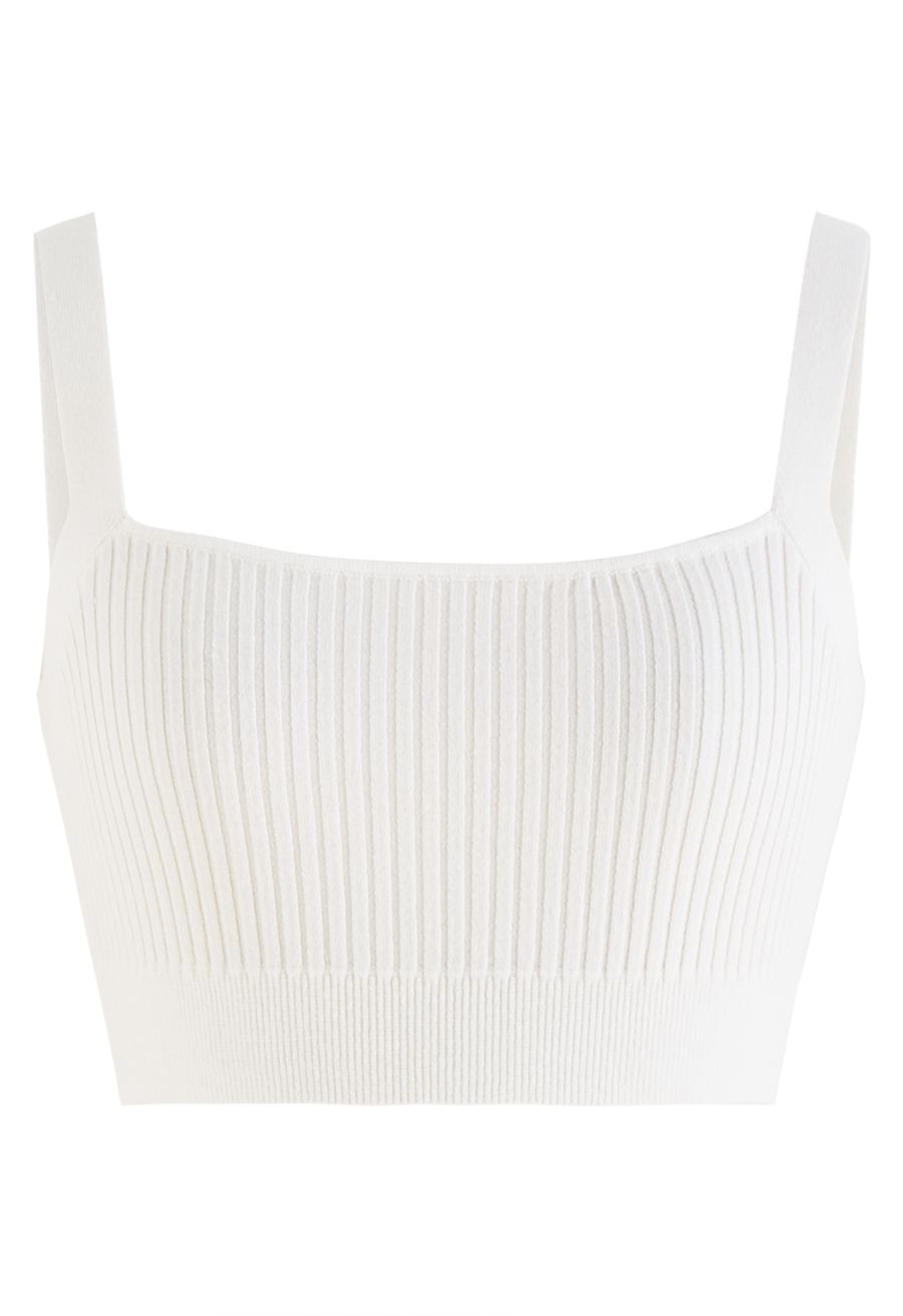 Ultra-Soft Ribbed Cami Knit Cropped Top in White