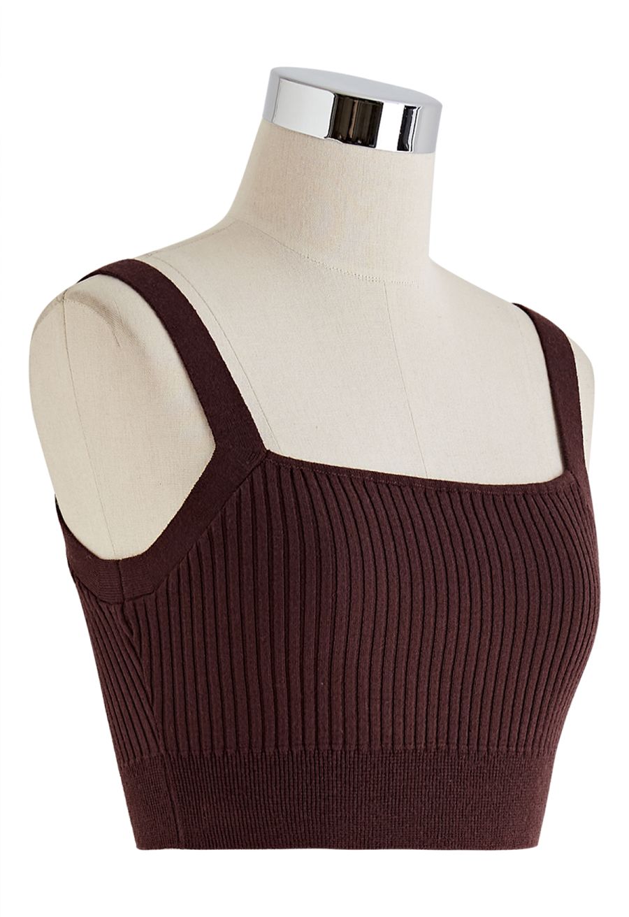 Ultra-Soft Ribbed Cami Knit Cropped Top in Brown