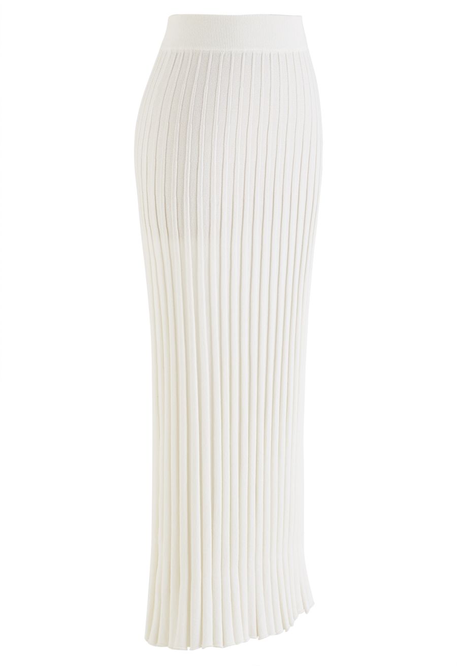 Ultra-Soft Lettuce Hem Knit Maxi Skirt in White