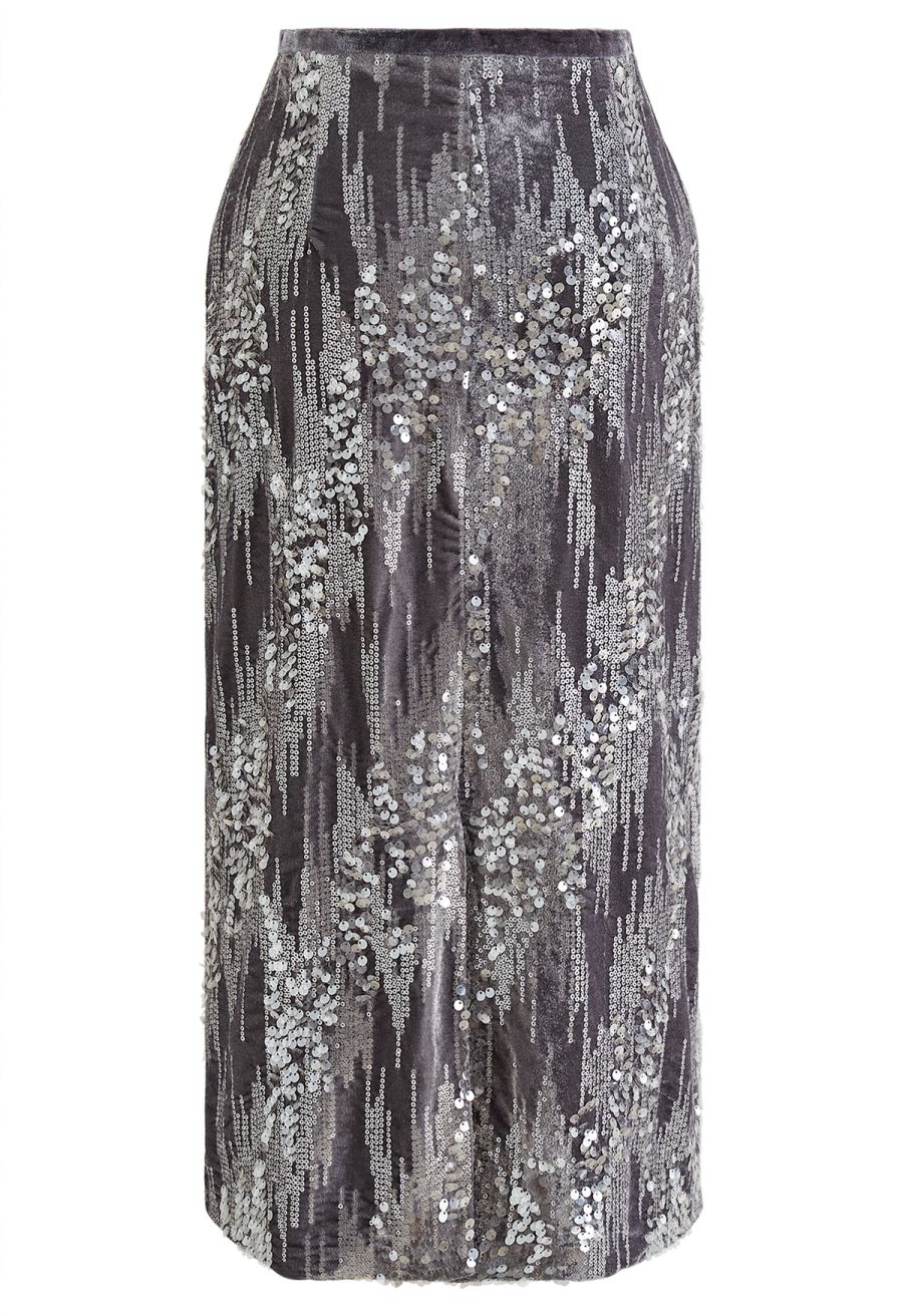 Velvet Sequins Embellished Pencil Skirt in Grey