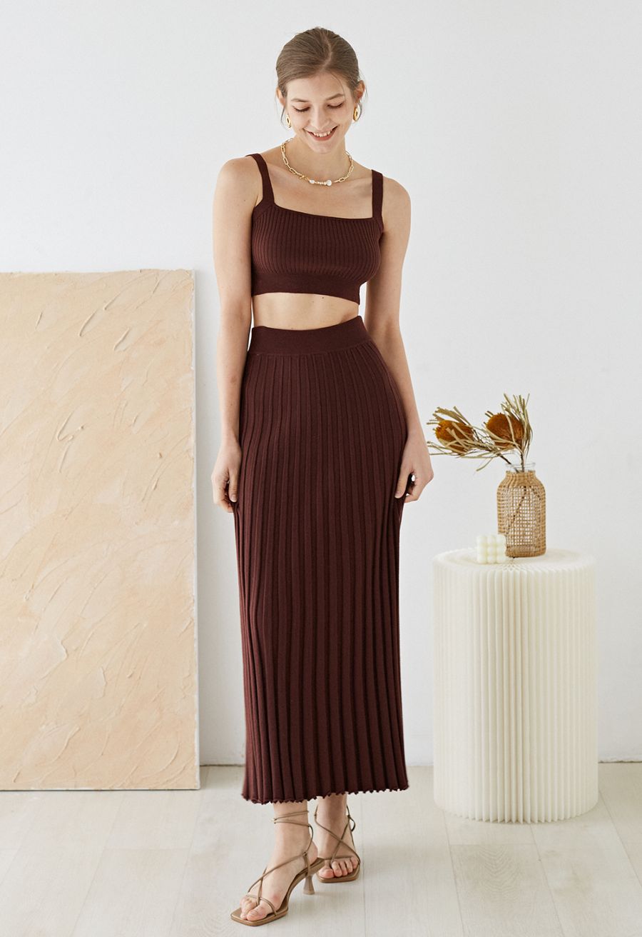 Ultra-Soft Lettuce Hem Knit Maxi Skirt in Brown