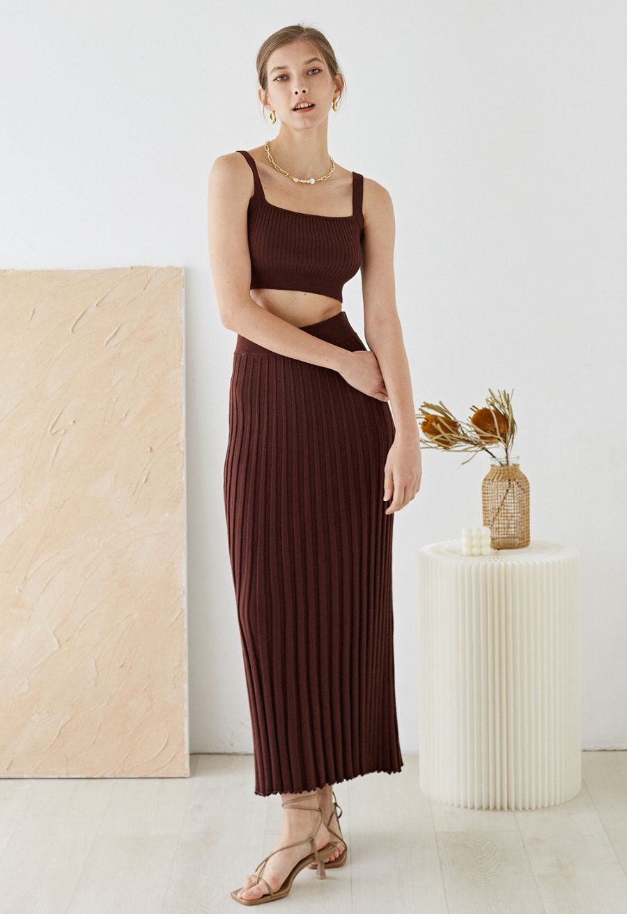 Ultra-Soft Lettuce Hem Knit Maxi Skirt in Brown