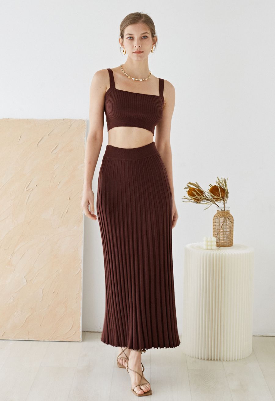 Ultra-Soft Lettuce Hem Knit Maxi Skirt in Brown