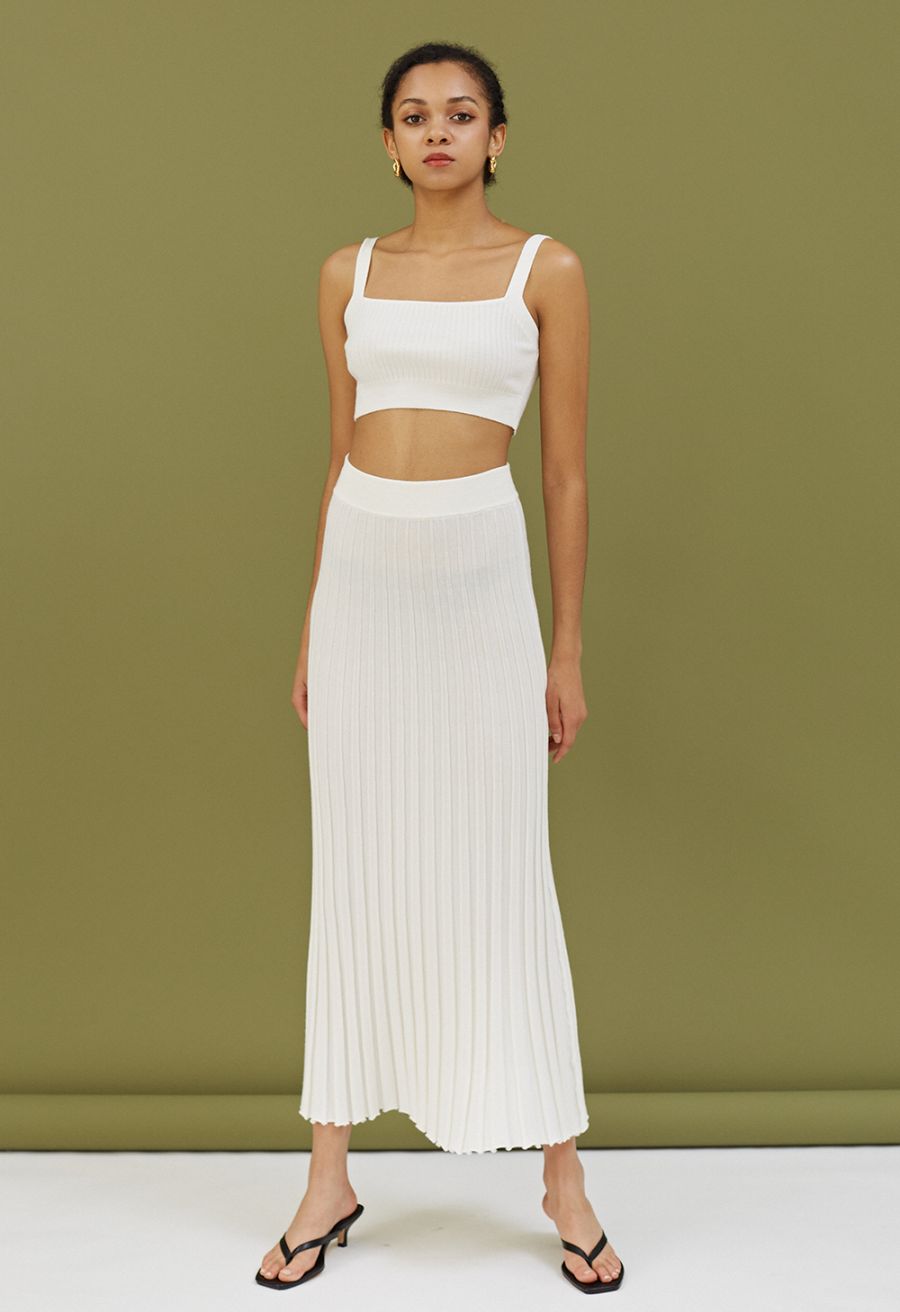 Ultra-Soft Lettuce Hem Knit Maxi Skirt in White