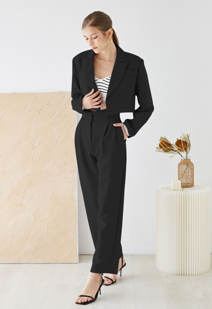 Fascinating Notch Lapel Cropped Blazer in Black