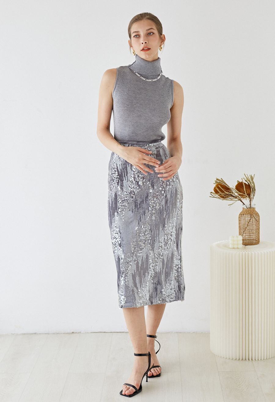 Velvet Sequins Embellished Pencil Skirt in Grey