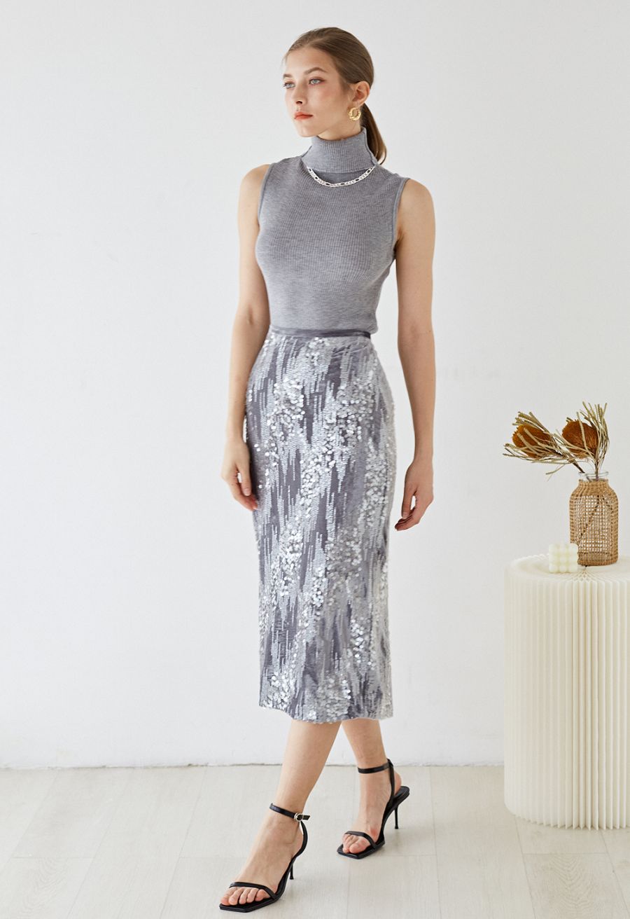 Velvet Sequins Embellished Pencil Skirt in Grey