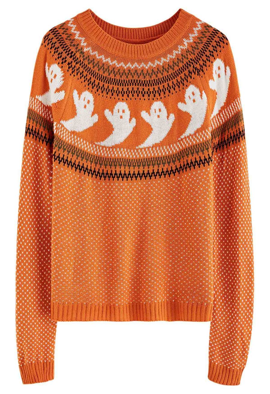 Cute Ghost Long Sleeves Knit Sweater in Orange Halloween Costumes