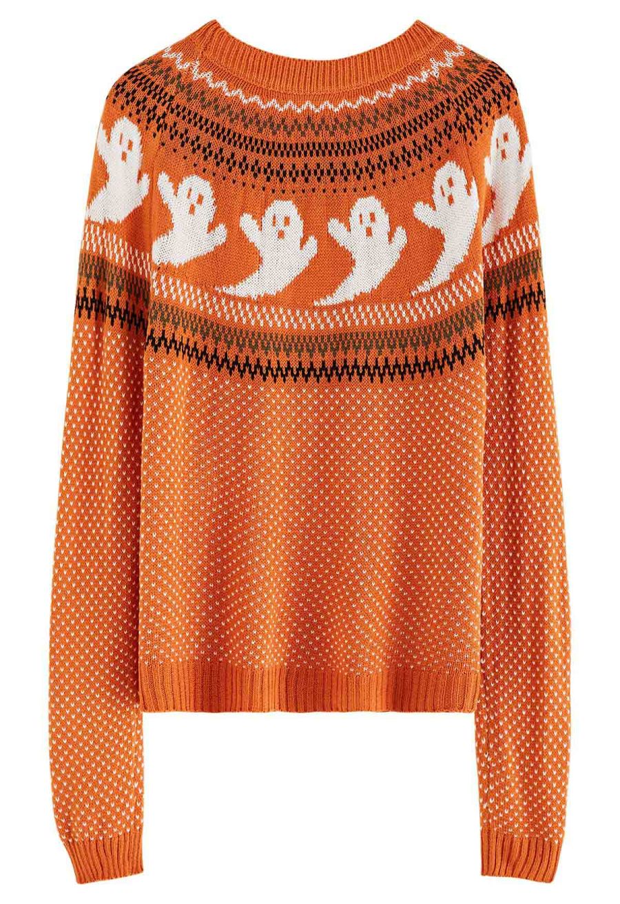 Cute Ghost Long Sleeves Knit Sweater in Orange Halloween Costumes