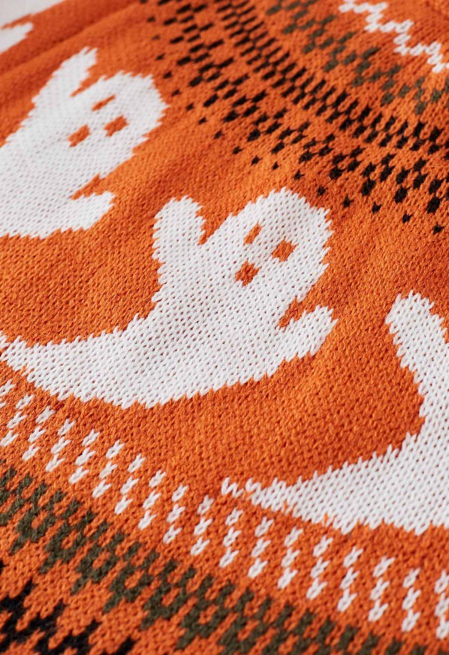 Cute Ghost Long Sleeves Knit Sweater in Orange Halloween Costumes