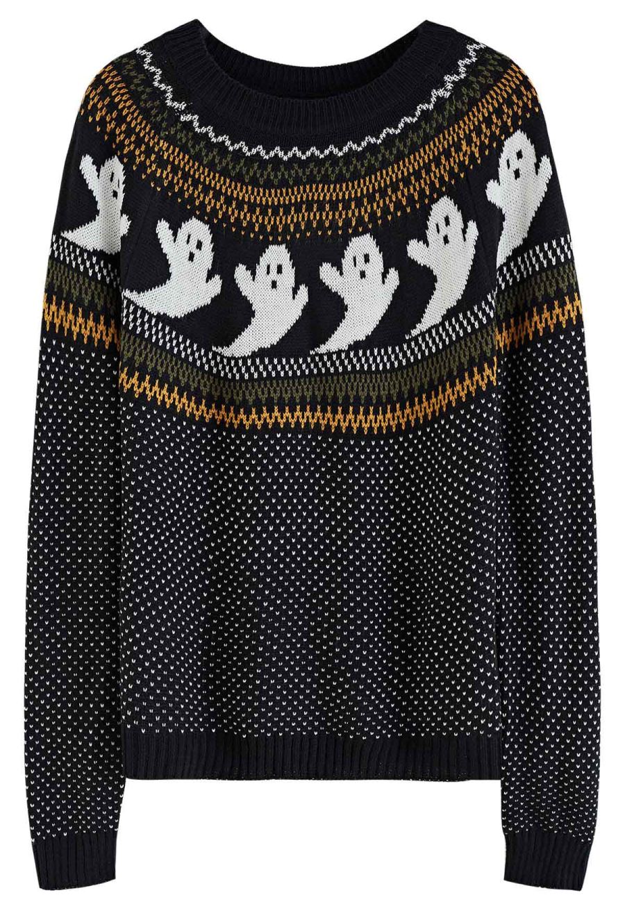 Cute Ghost Long Sleeves Knit Sweater in Black Halloween Costumes