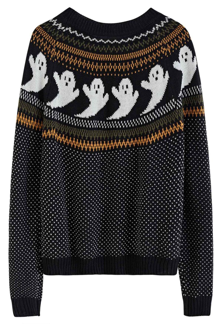 Cute Ghost Long Sleeves Knit Sweater in Black Halloween Costumes