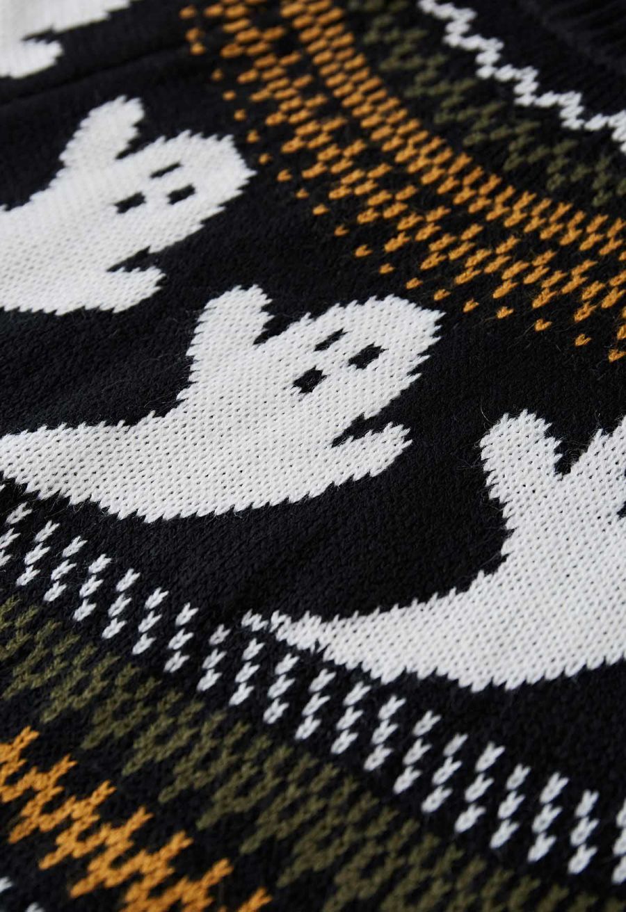 Cute Ghost Long Sleeves Knit Sweater in Black Halloween Costumes