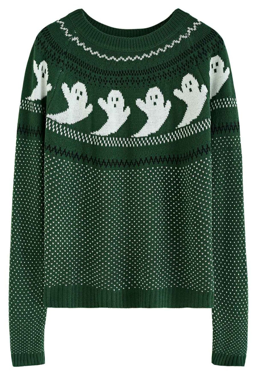 Cute Ghost Long Sleeves Knit Sweater in Army Green Halloween Costumes