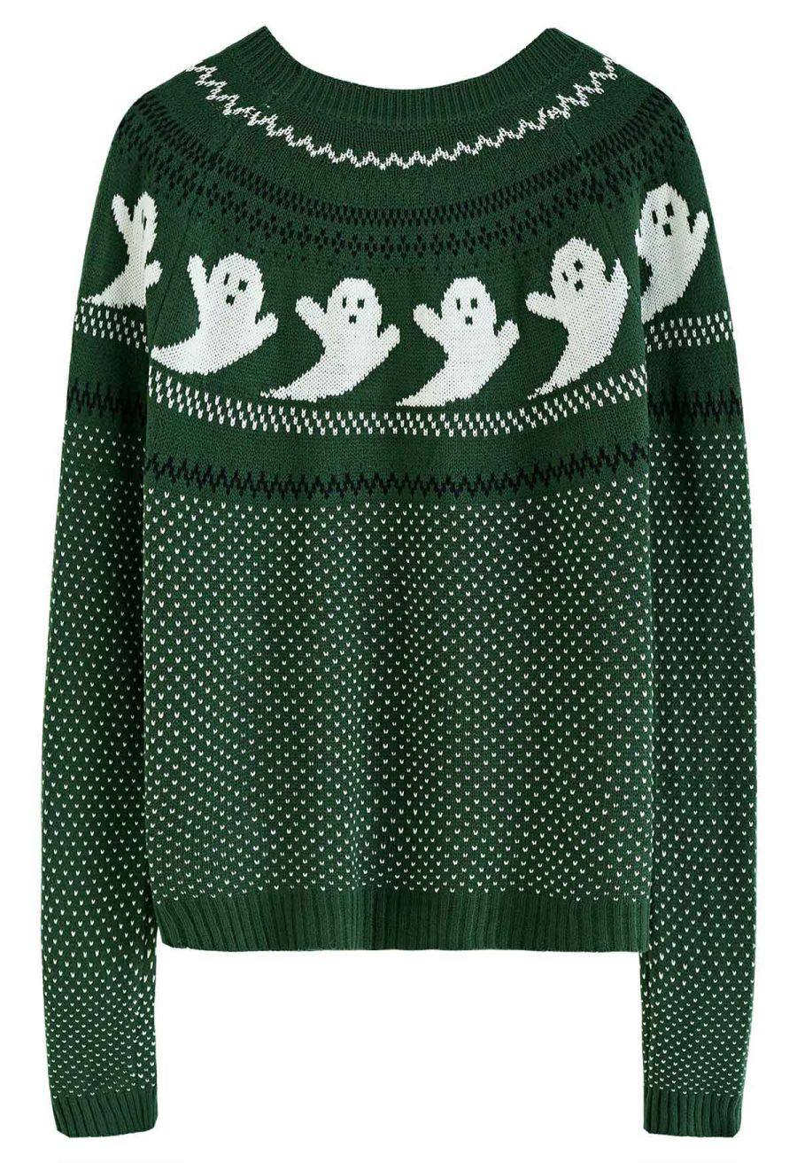 Cute Ghost Long Sleeves Knit Sweater in Army Green Halloween Costumes
